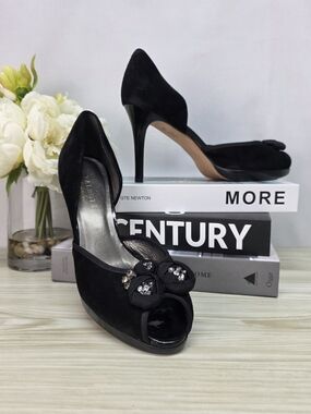 Talbots Black Suede Peep-Toe Pumps with Embellished Bow